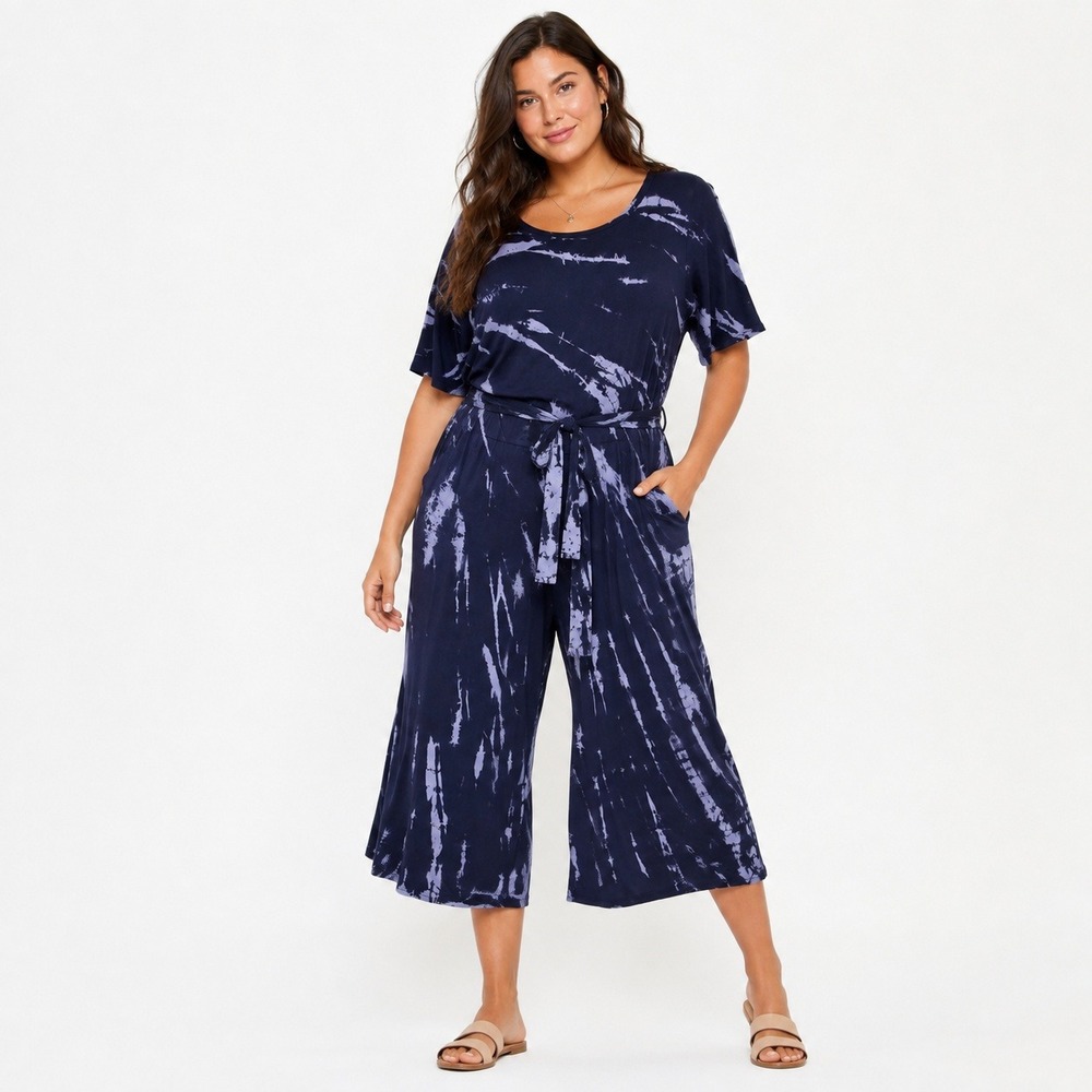 Torrid Super Soft Jumpsuit Women's 1 Navy Purple Tie Dye Wide Leg Boho Belted